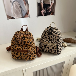 Leopard Print Corduroy Mini Backpack For Women Fashion Simple Small School Bag Casual Streetwear Daypack Travel Rucksack