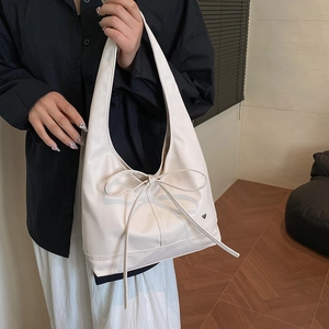 Chic pleated off-white hobo bag with bow details and heart logo for women