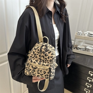 Mini leopard print corduroy backpack for women with dual zippers and front pocket