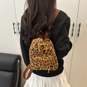 Minimalist leopard print corduroy backpack with retro mini design for casual styling