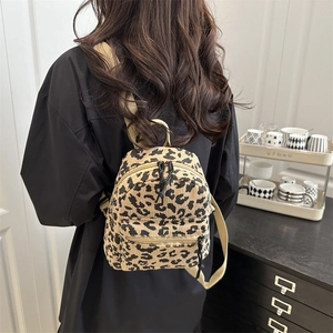 Leopard print corduroy mini backpack for women, stylish leopard pattern small daypack