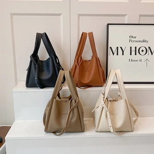 Women's Fashion Lychee Grain PU Leather Bucket Bag Minimalist Solid Color Embossed Letter Shoulder Tote Bag Casual Handbag
