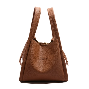 Chic brown bucket tote bag with litchi grain leather texture and double wide handles