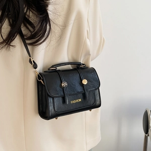 Minimalist black PU leather small square crossbody bag with gold hardware for women