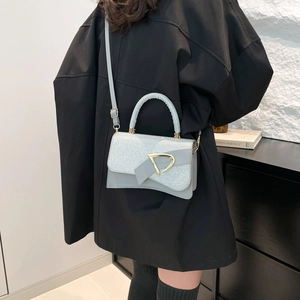 Minimalist light blue structured box handbag with gold metal D-ring buckle for women
