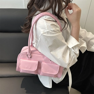 Pink retro faux leather tote bag with double front flap pockets for stylish women