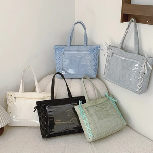 Japanese Style Casual PU Ita Bag Large Capacity Transparent Window Tote Bag Ribbon Bow Shoulder Bag For Women Fashion
