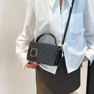 Chic black PU leather handbag with sequin panel and gold buckle for women