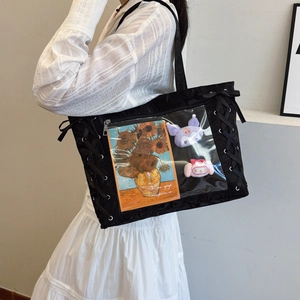 Japanese style black large capacity tote bag with ribbon detail and transparent window