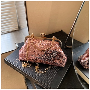 Rose gold sequined evening clutch with vintage metal frame and fine chain strap detail