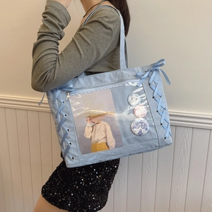 Japanese style light blue tote ita bag with transparent window and ribbon detail