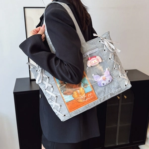 Japanese style silver-grey tote bag with ribbon details and transparent display window