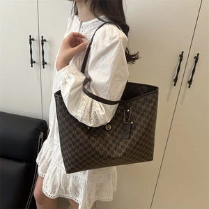 Deep brown large capacity tote bag with repeated M pattern and metal buckle detail