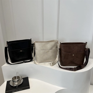 Women's Vintage PU Leather Bucket Bag Stylish Ins Large Capacity Shoulder Bag With Adjustable Strap Solid Color Handbag
