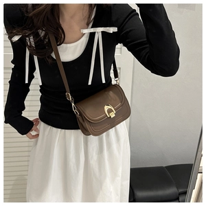 Brown vintage leather square bag with gold horseshoe clasp shown as a crossbody detail