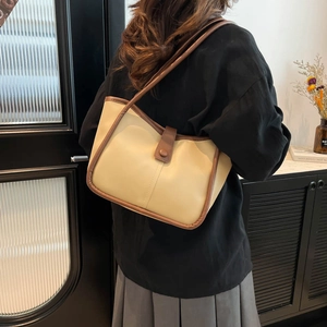 Minimalist Korean retro large capacity tote bag in cream white with brown leather trim details