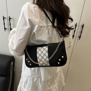 Retro black and white floral baguette shoulder bag with gold chain and metal rivets