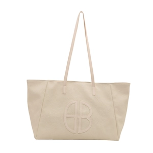 Retro beige large capacity tote bag with stitched HB logo and shoulder straps for women