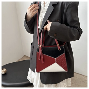 Detail showing tricolor geometric handbag with red crocodile texture and gold hardware