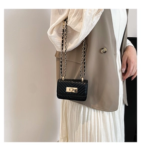 Detail of a black quilted leather mini bag with gold twist lock and chain strap