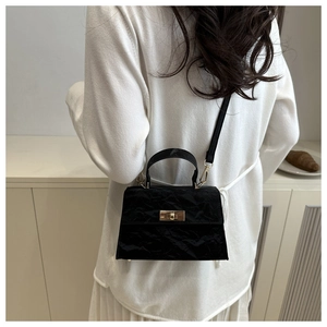 Model wearing a black pleated crossbody bag with a gold twist lock and a top handle