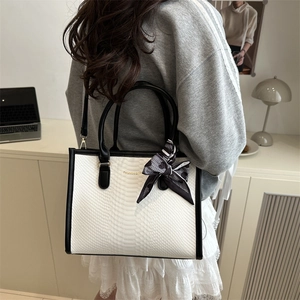 Large capacity black and white textured tote bag with handle and printed silk scarf