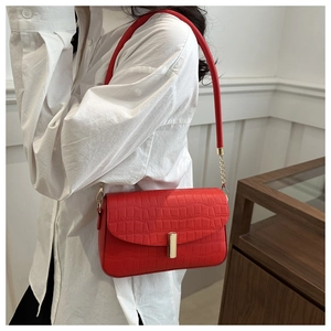 Detail of red crocodile texture bag with gold metal buckle and leather chain strap