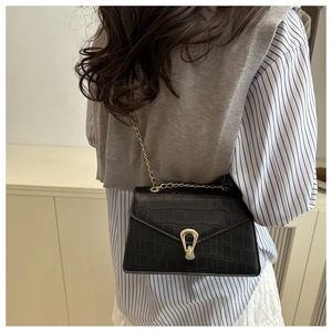 Detail of a black textured crossbody bag featuring a distinctive gold horseshoe buckle