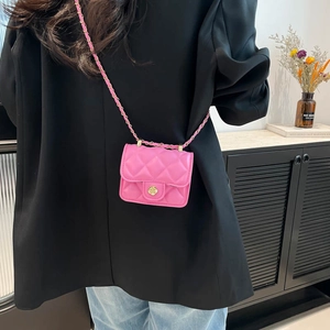 Pink quilted leather mini crossbody bag with gold rose buckle and chain strap