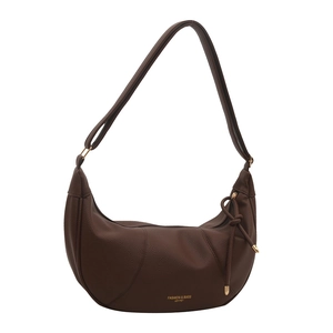 Brown lychee leather crescent shoulder bag with golden hardware and adjustable strap