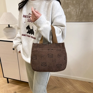 Brown corduroy handbag with cartoon bear and Smile print for casual daily use