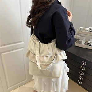 Cute beige canvas tote bag with triple ruffles, large capacity shoulder bag for students