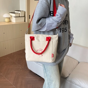 Women's casual canvas bucket bag in cream and red with cute bear print and crossbody strap