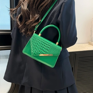 Minimalist green square bag with crocodile pattern flap and golden hardware details