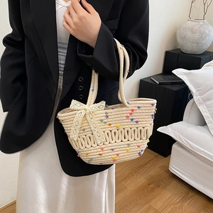 French style straw bucket bag with colorful dots and white lace bow for women