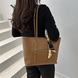 Caramel brown large capacity tote bag with tassel zipper and decorative silk scarf