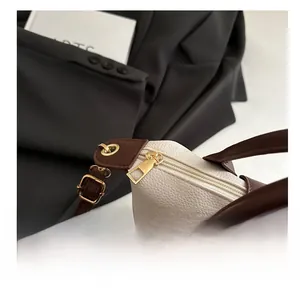 Detailed view of the gold-toned zipper and stitching on the contrast dumpling bag