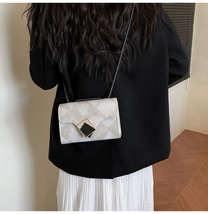 Silver-gray textured chain crossbody bag showing side view and metallic square clasp details