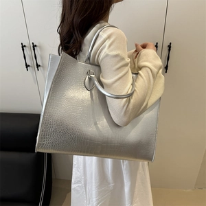 Silver large capacity tote bag with crocodile pattern and metallic finish for women