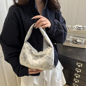 Silver jacquard pillow handbag with butterfly texture and zipper closure for women