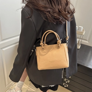 Fashionable khaki square shoulder bag with litchi grain leather and knotted handle