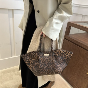 Stylish leopard print tote bag for women with gold metal plaque and long shoulder handles