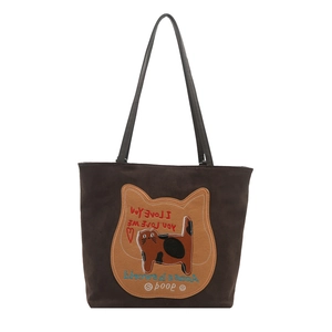Dark coffee tote bag with cartoon cat patch embroidery and black long handles