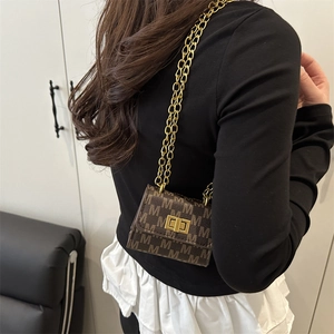 Chic brown monogram mini crossbody bag with golden chain strap for stylish women
