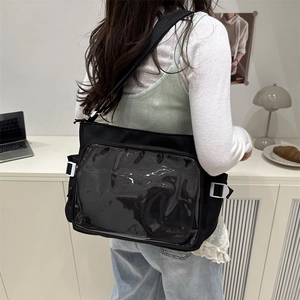 Grand sac cabas minimaliste en nylon noir avec poche transparente en PVC pour femmes