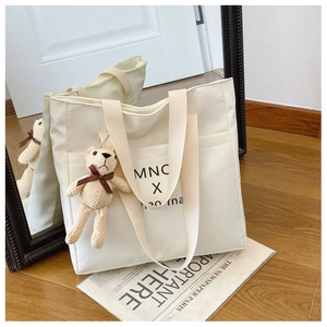 Detail of cream tote bag featuring a knit bear charm and printed logo text