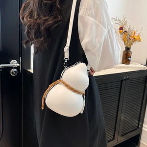 Unique gourd-shaped white leather crossbody bag with brown woven rope and silver hooks