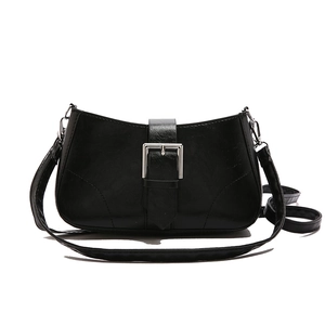 Fashionable black faux leather small square shoulder bag with silver buckle detail