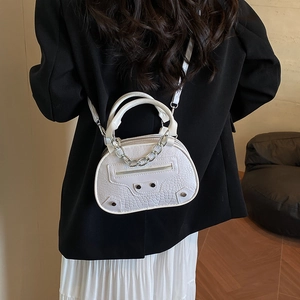 White crocodile embossed shell bag with silver chain and rivet details for women