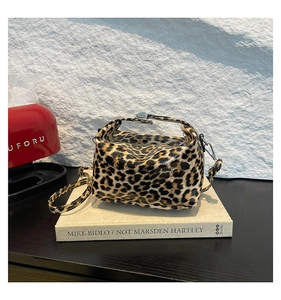 Detail of glossy leopard print shoulder bag with silver hardware on vintage books